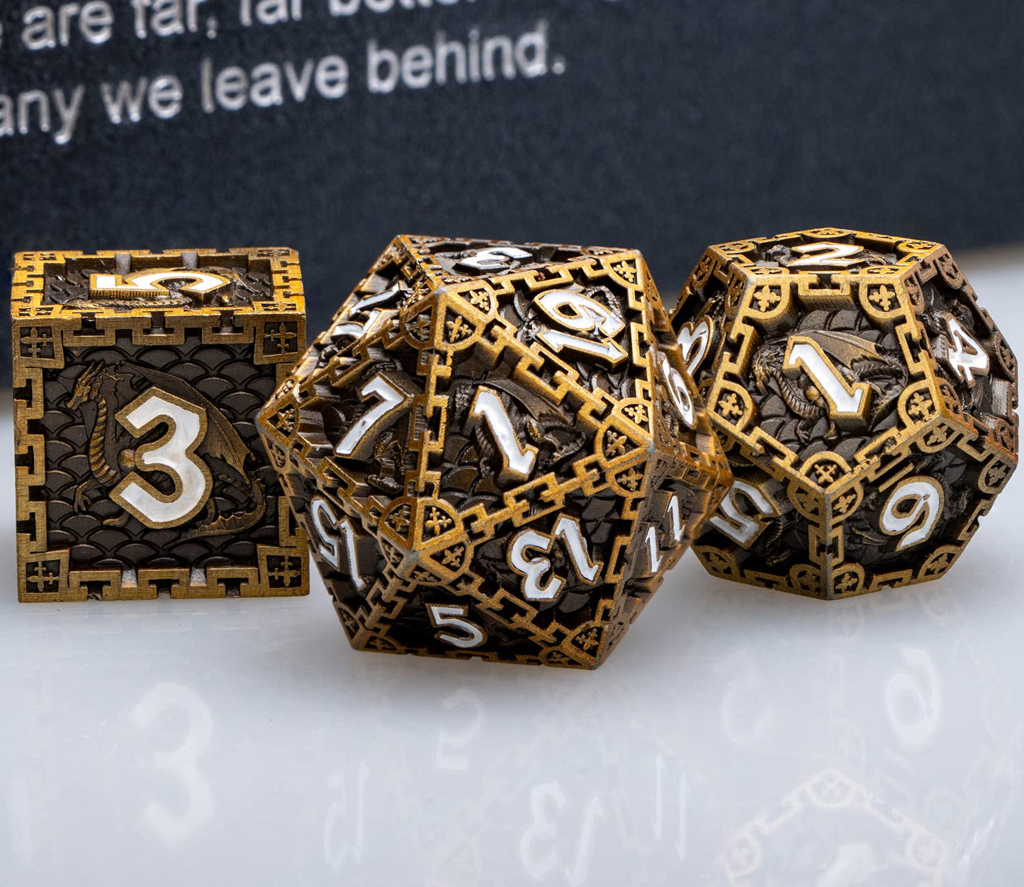 ARUOHHA DND Metal Dice Set Dragon Design D&D Dice Set with Gift Box, Antique Gold D+D Polyhedral Dice for Dungeons and Dragons R