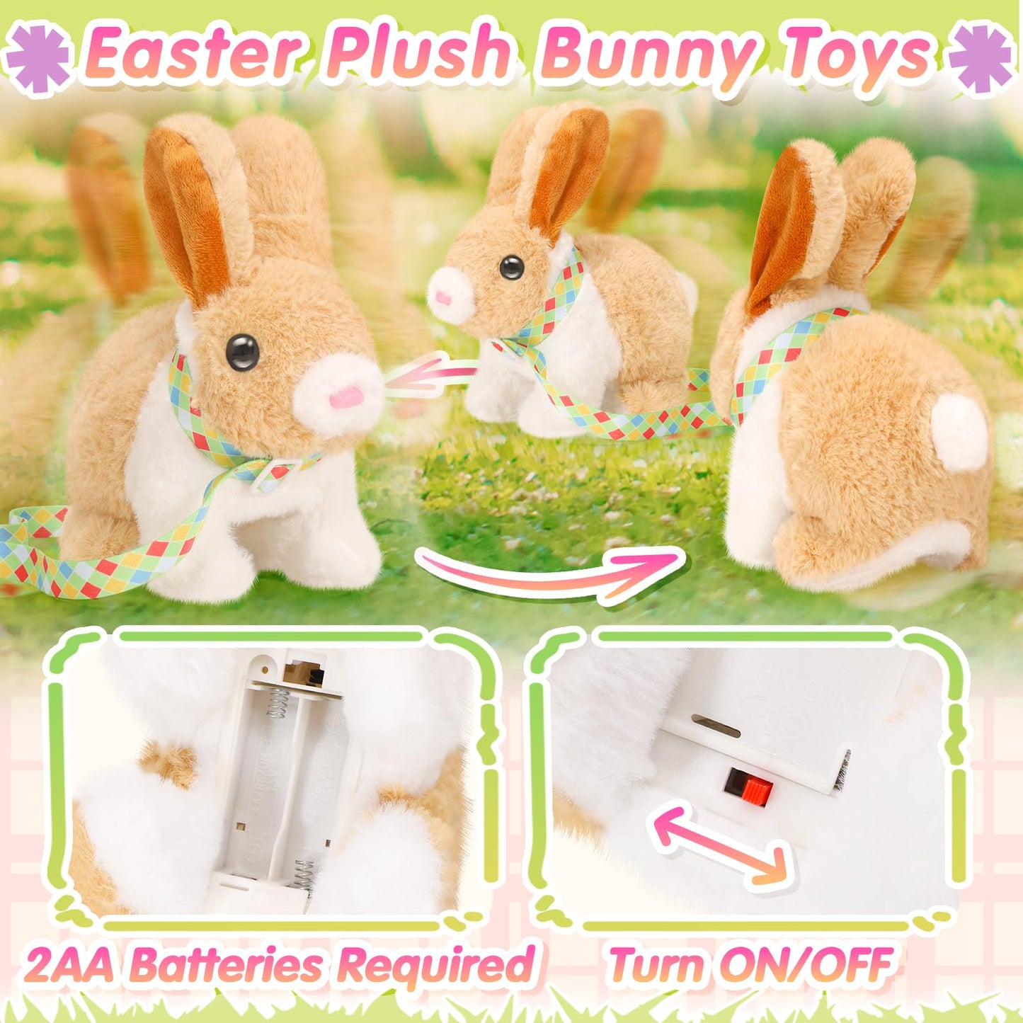 Tagitary Plush Easter Bunny Toys For Kids,Hopping Interactive Rabbit With Leash,Golden Egg,And Wind Up Toys,That Making Sounds,W