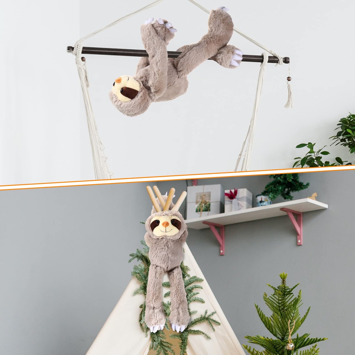Queekay 2 Packs Sloth Stuffed Animal Hanging 18 Inch Three Toed Sloth Plush Toy With Hook And Loop Hands For Teens Adults Gifts Decors(Gray)