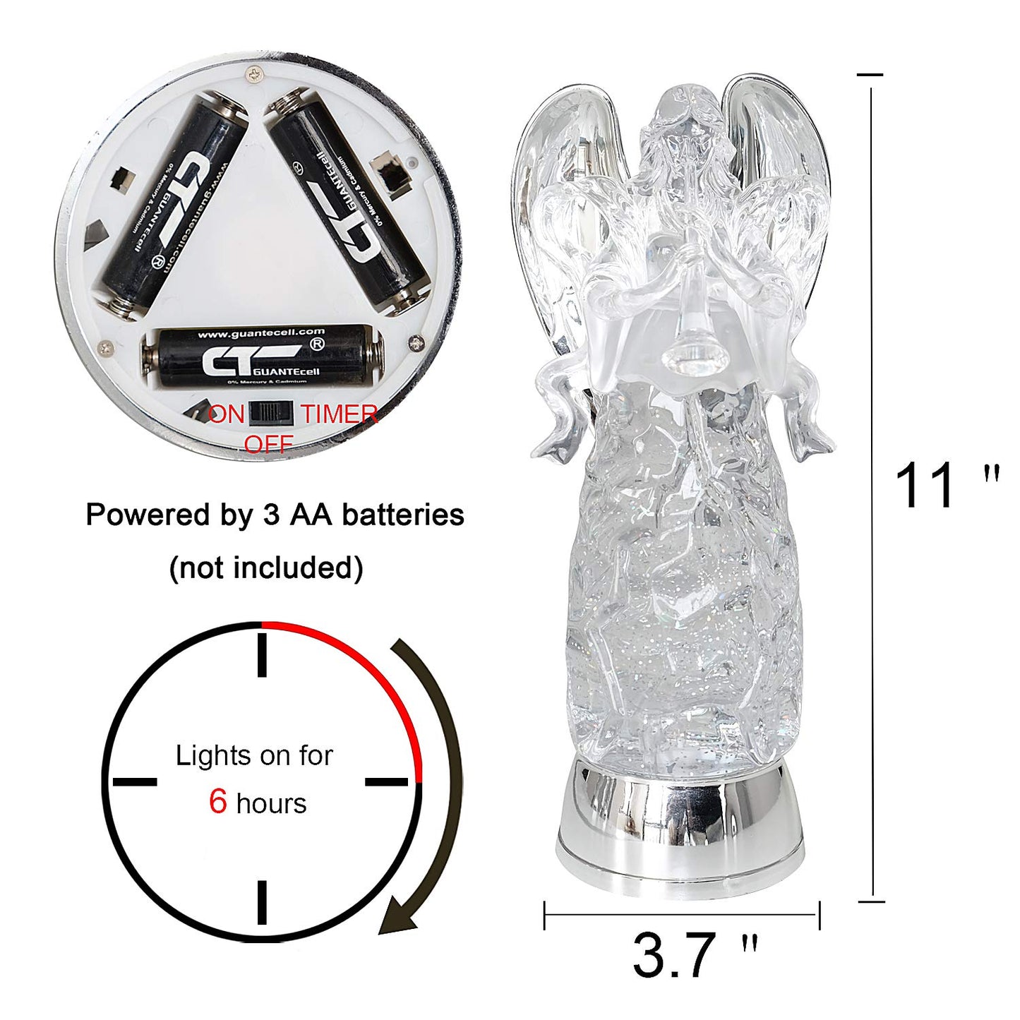 Eldnacele Snow Globe Angel Statue - Lighted, Glittering, Battery Operated, Multi-Color Changing, Model AG002-H, Christmas Decoration