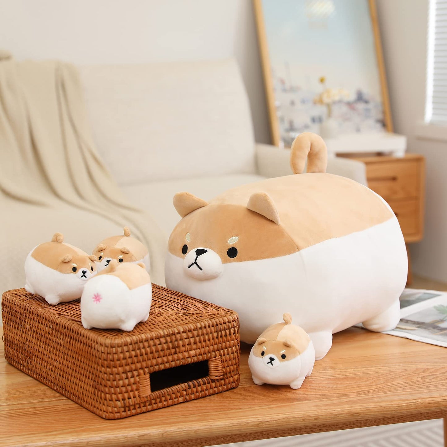 SQEQE Shiba Inu Plush Toy with 4 Baby Plushies, Soft Cotton Stuffed Animal Gift for Kids, Adorable Shiba Inu Design