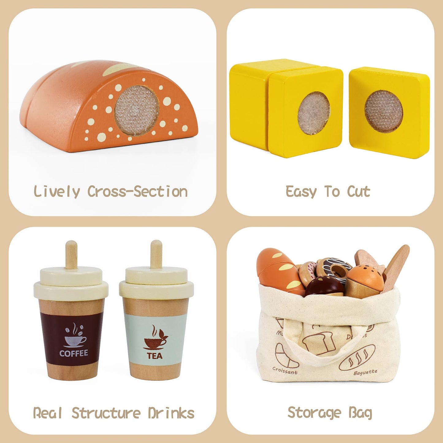 Pairpear Wooden Bakery Toy Food Playset,Kids Pretend Play Food Kitchen Accessories With Shopping Bag,Toddlers Cutting Food Gift