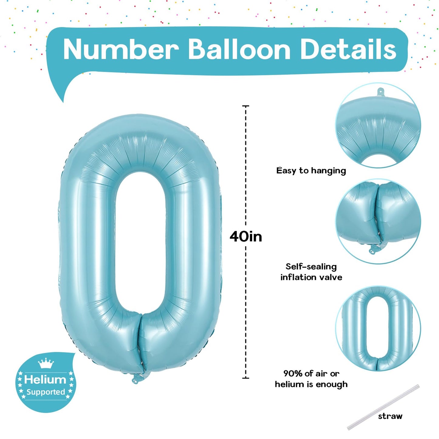 40 Inch Pastel Blue Number 0 Balloons, Giant Self Inflating Foil Number Balloon 0-9 For Boys, Baby Light Blue Mylar Helium 0 Bal