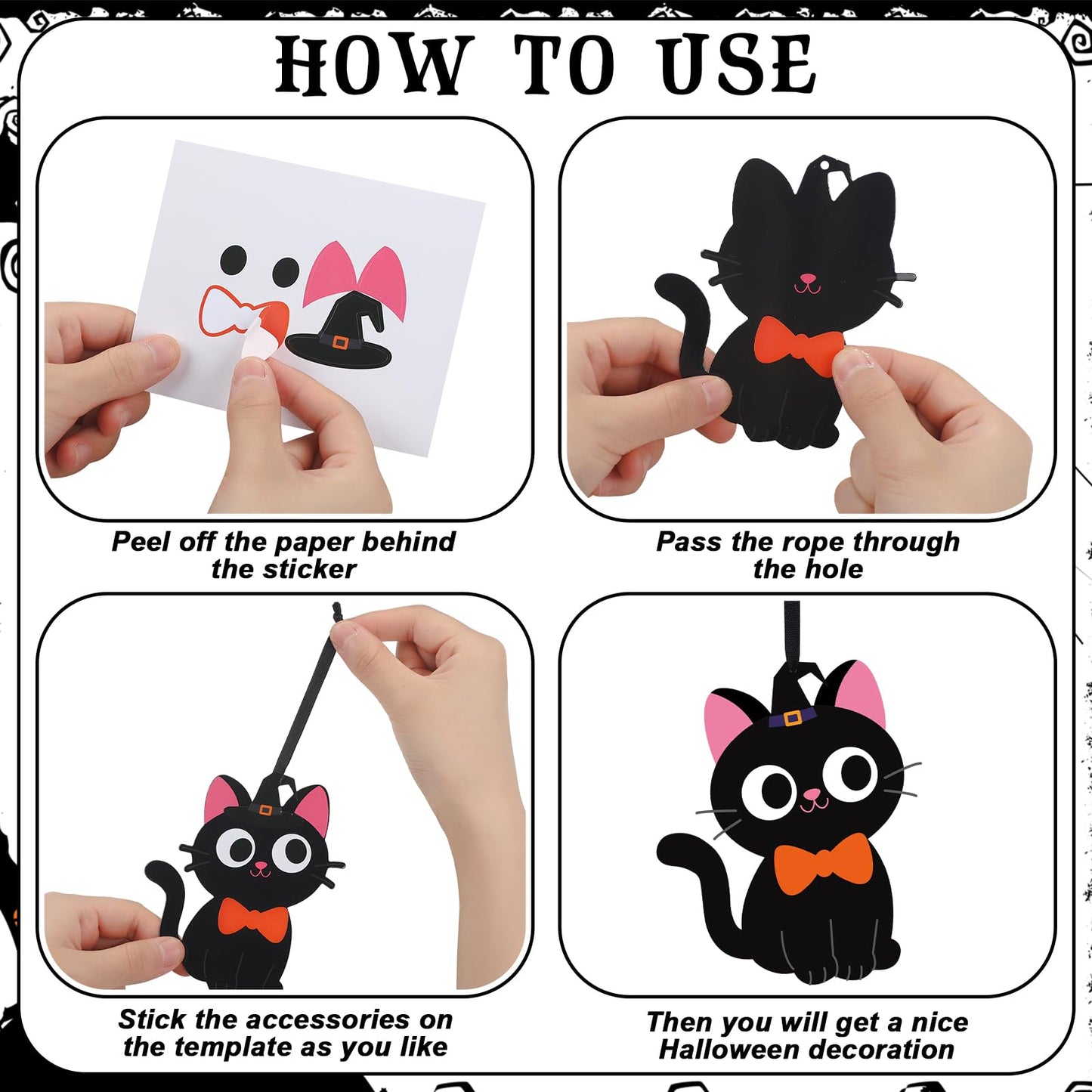 Yexiya 24 Sets Halloween Craft Kits Black Cat Crafts DIY Hanging Ornaments with Sticker and Ribbon Pumpkin Moon Corn Paper Hangi