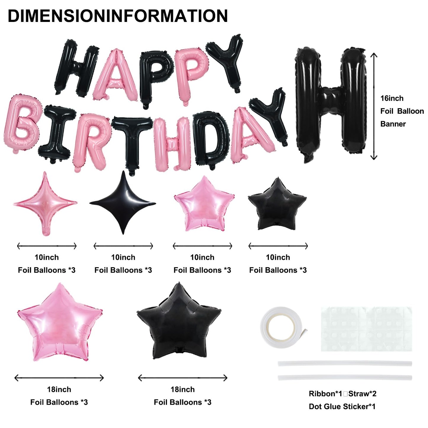 TONIFUL 35PCS Black Pink Happy Birthday Decorations Kit 16 Inch Happy Birthday Balloon Banner with Star Balloons Mylar Foil Birt