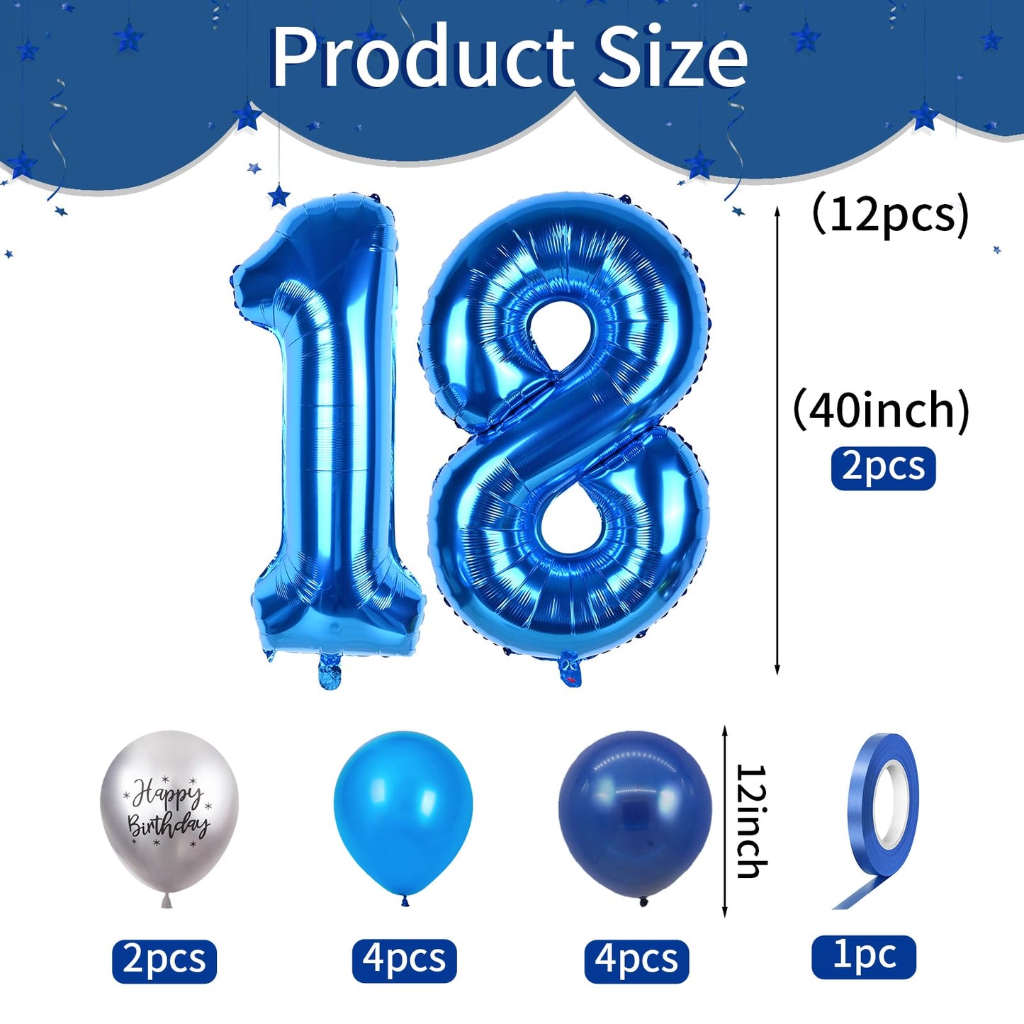 FunHot 40 Inch Blue Number 18 Balloons, Latex Foil Balloons for 18th Birthday Party Decorations