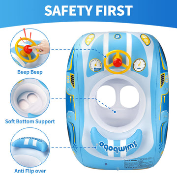 Swimbobo Toddler Pool Float Inflatable Car Baby Swim Float With Adjustable Sun Canopy And Safety Seat Pool Toys For Kids 1-4 Years Old (Blue Sports Car)