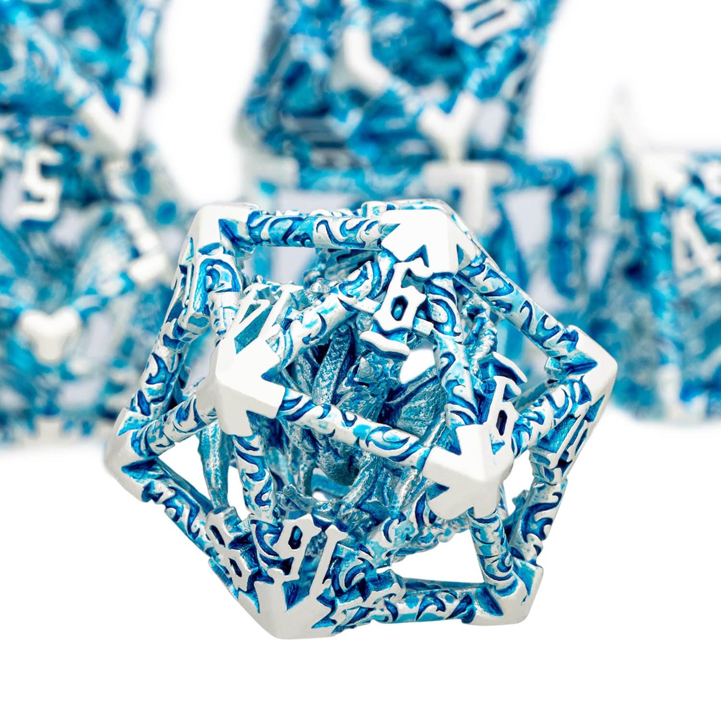 ARUOHHA Hollow DND Dice Set Silver Blue 5-Headed Dragon D and D Dice with Gift Box, Dungeons and Dragons Role Playing Games 7PCS