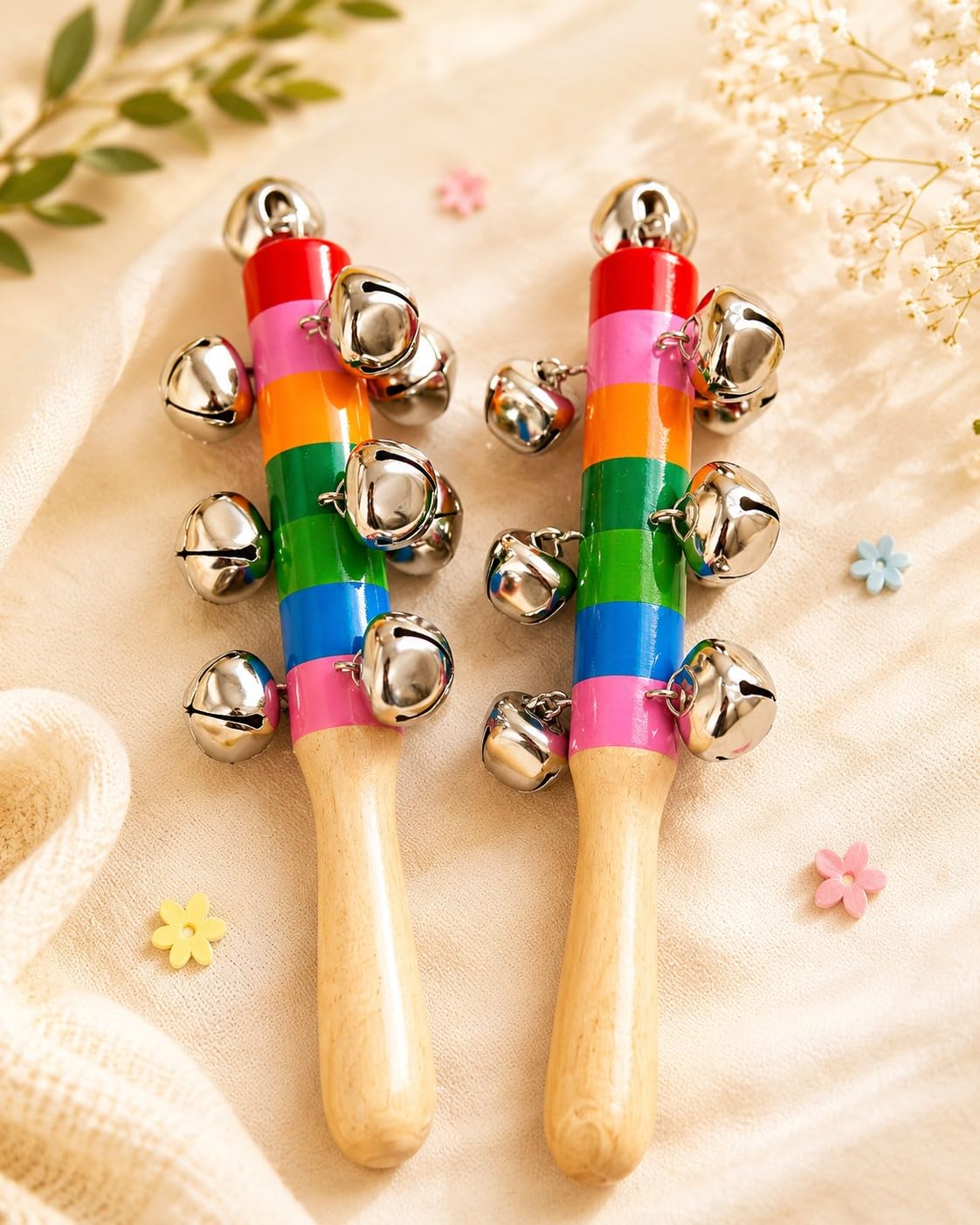 Toywood Rainbow Wooden Jingle StickHand Bell Rattle Toy For Kids/Jhunjuna (Set Of Two)