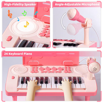 Toddler Piano Toys Gifts For Girl Age 1 2 3-5, Pink Baby Piano Music Toy, Kids Piano With 24 Keys, Microphone And Music Sheet St