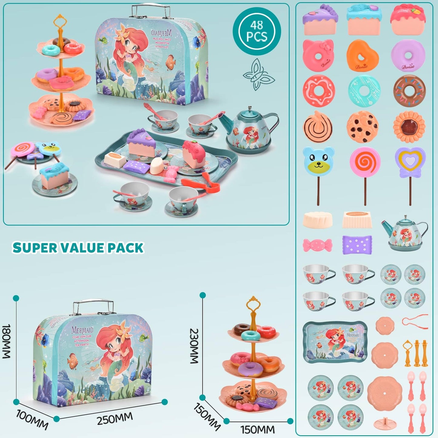 48pc Mermaid Tea Party Set for Little Girls,Birthday Gifts for Age 3 4 5 6 Year Old Girls,Pretend Tin Teapot, Cups, Plates,and F