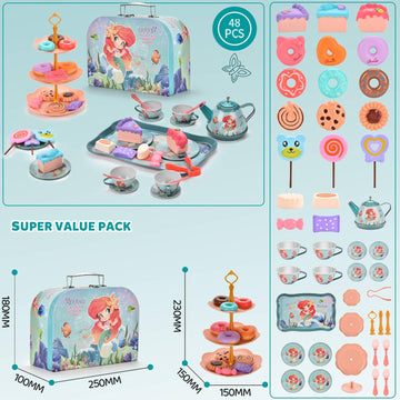 48pc Mermaid Tea Party Set for Little Girls,Birthday Gifts for Age 3 4 5 6 Year Old Girls,Pretend Tin Teapot, Cups, Plates,and F