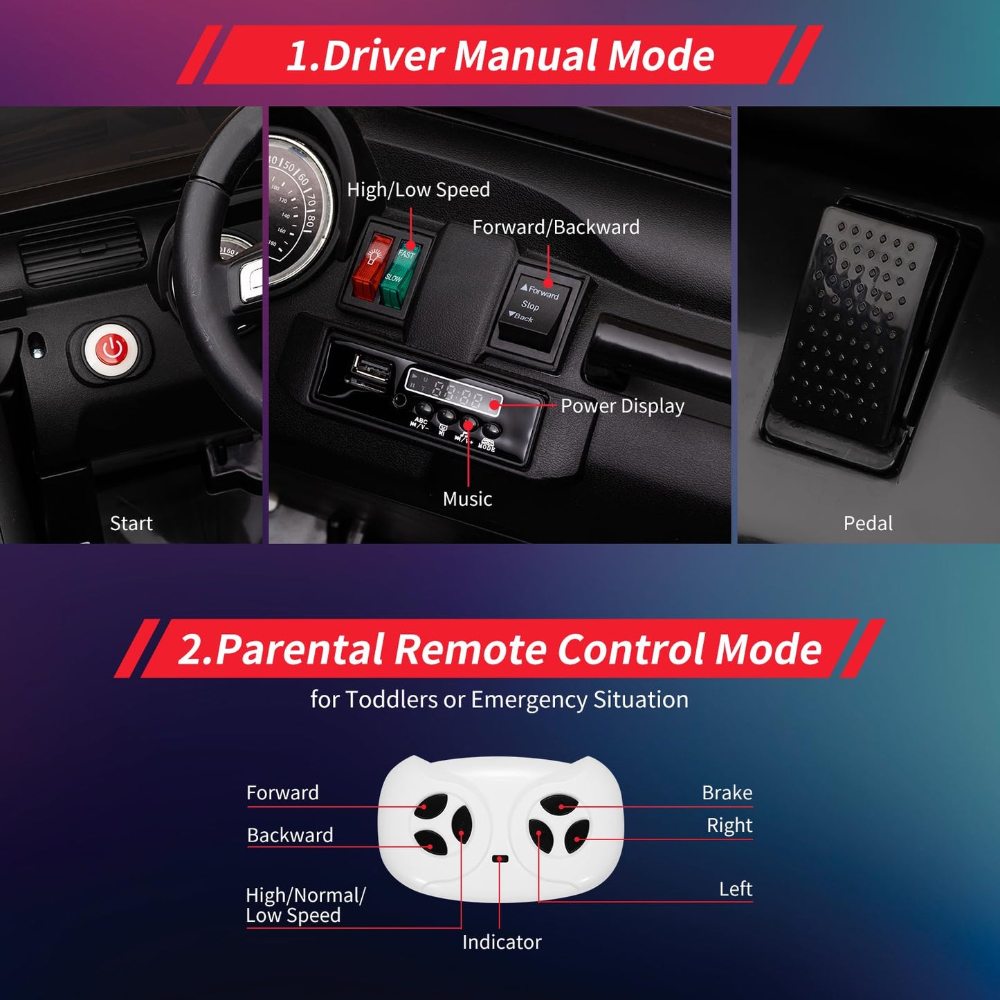 24V Ride on Car Toys, Remote Control 4 Wheels Electric Power Car for Toddlers Kids Boys Girls, 2 Seater Motorized Ride on Cars V