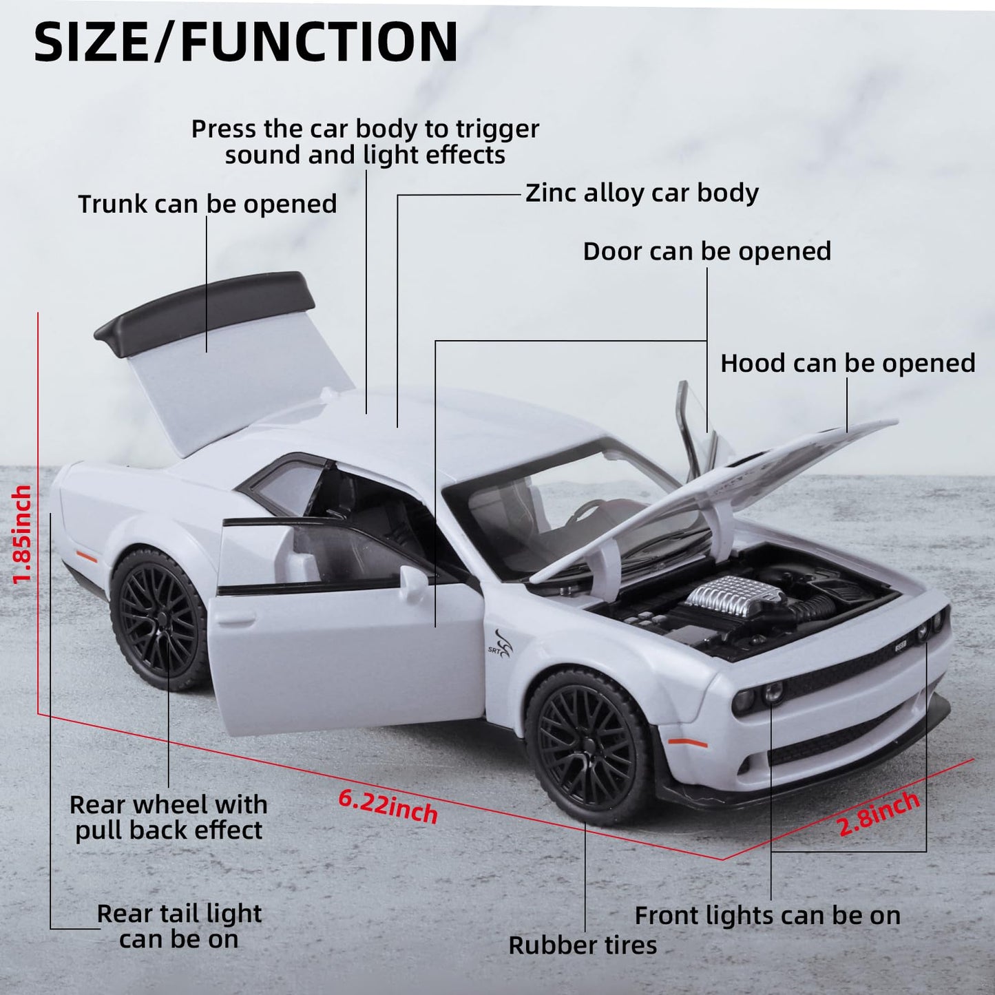 Oanmyjjo Toy Cars For Kids 1/32 Challenger Hellcat Die Cast Metal Toy Cars,Pull Back Hellcat Carwith Light And Music Hellcat Toy