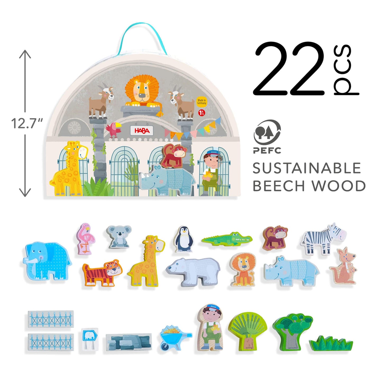 Haba Wooden Animal Playset - Play World At The Zoo, Stem Educational Toy With Zoo Animals & Accessories, Preschool Learning Toy