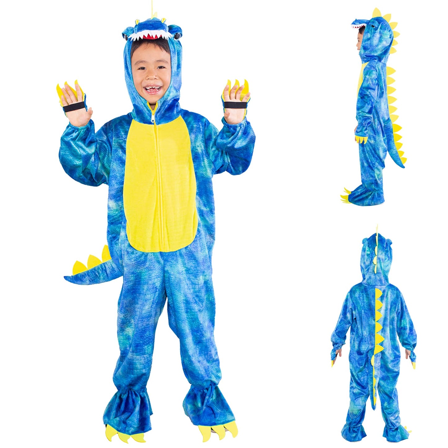 Dearsun Child'S T-Rex Dinosaur Costume Dinosaur Costume For Kids Fancy Dress Costume Hooded Romper Jumpsuit (Xs/90, Blue)