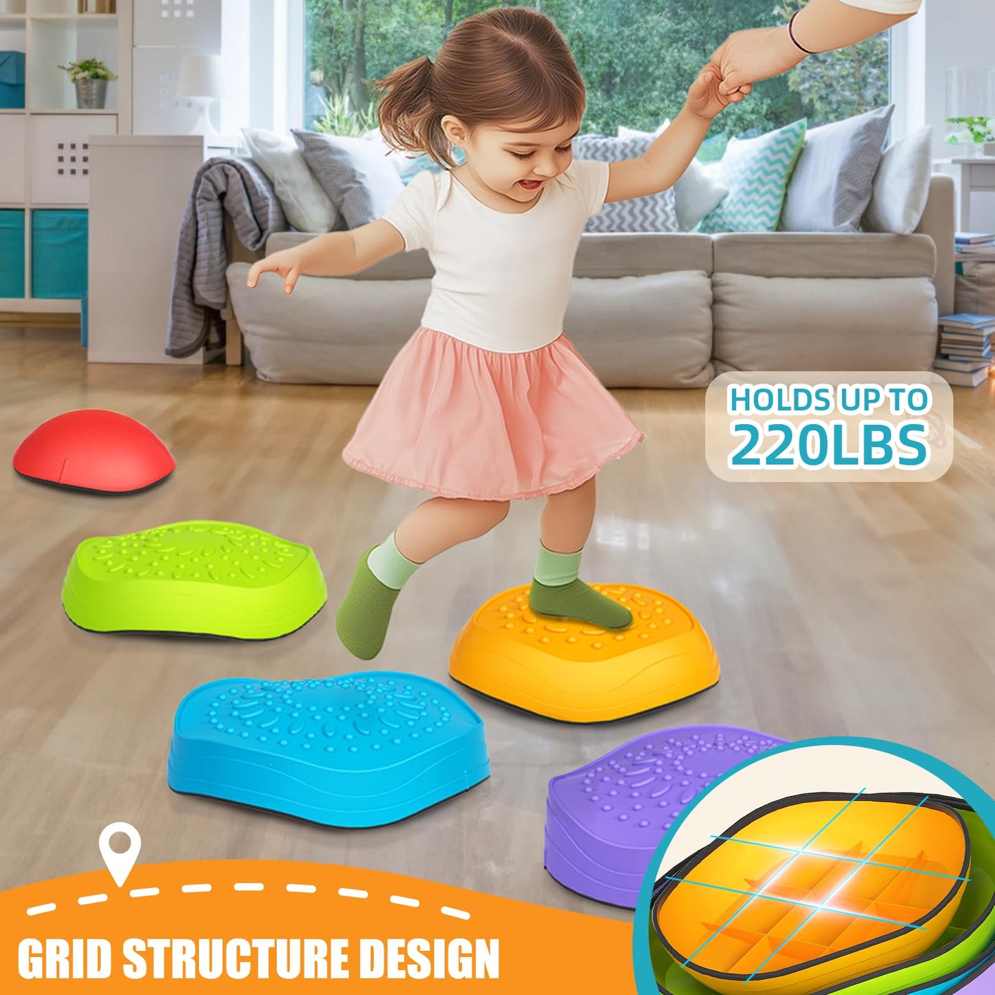 Cl Fun Balance Stepping Stones For Kids, Non-Slip Sensory Stepping Stones With Storage Bag And Color Spinner To Enhance Balance,
