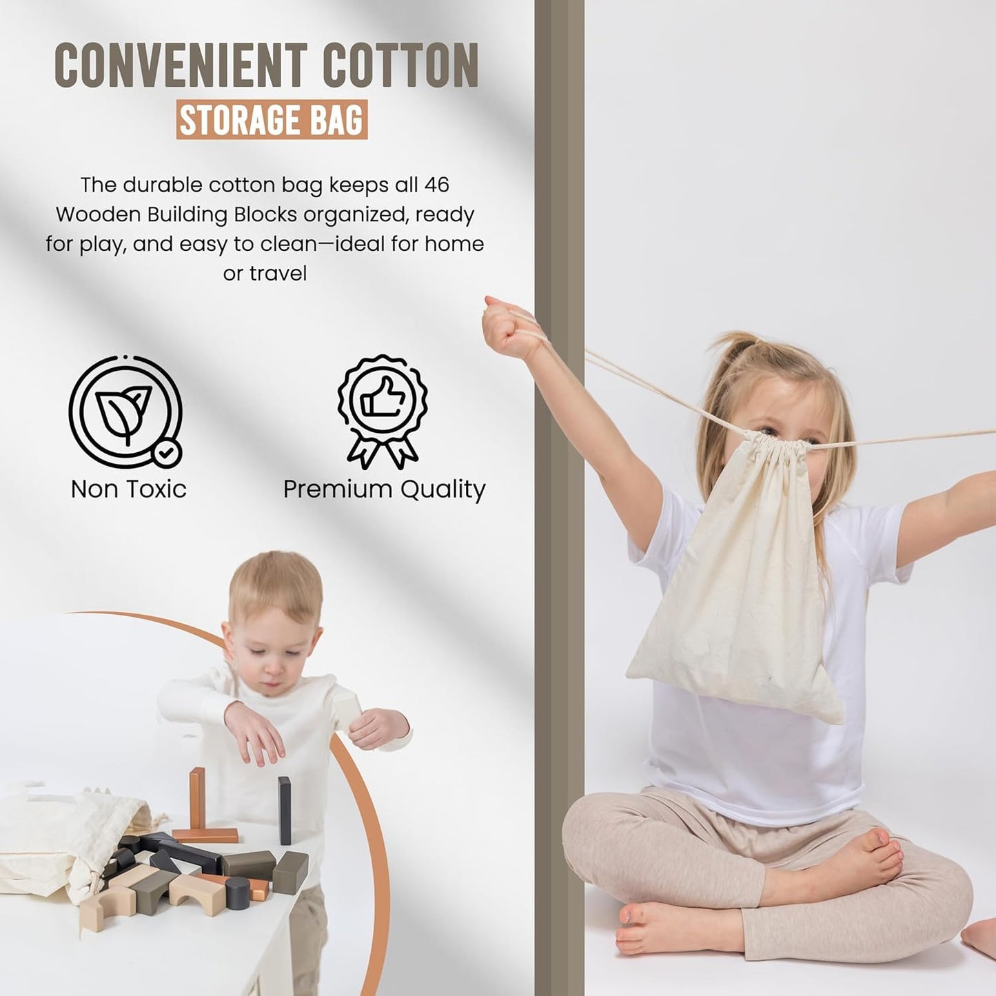 Wooden Building Blocks For Toddlers - Kids Stacking Blocks | 46 Pieces Wooden Blocks | Assorted Shapes Toddler Blocks | Toddler