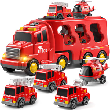 JUKUDAHU Truck Toys for 3 4 5 6 Years Old Boys, Toddler Car Toys for Toddler Boys Ages 3-5, Fire Toys Car Carrier Vehicle Toy Se