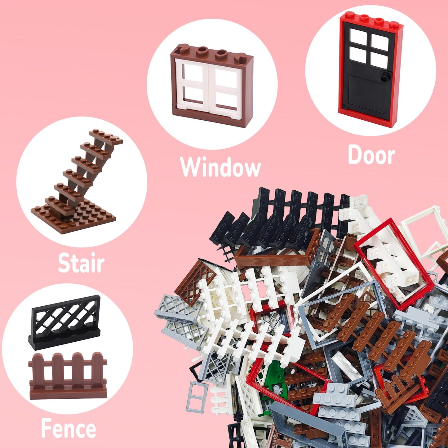 Cabeeskii 176-Piece Building Blocks Set for Windows & Doors, City Garden Bricks, Compatible with Major Brands, Includes Stairs & Fences