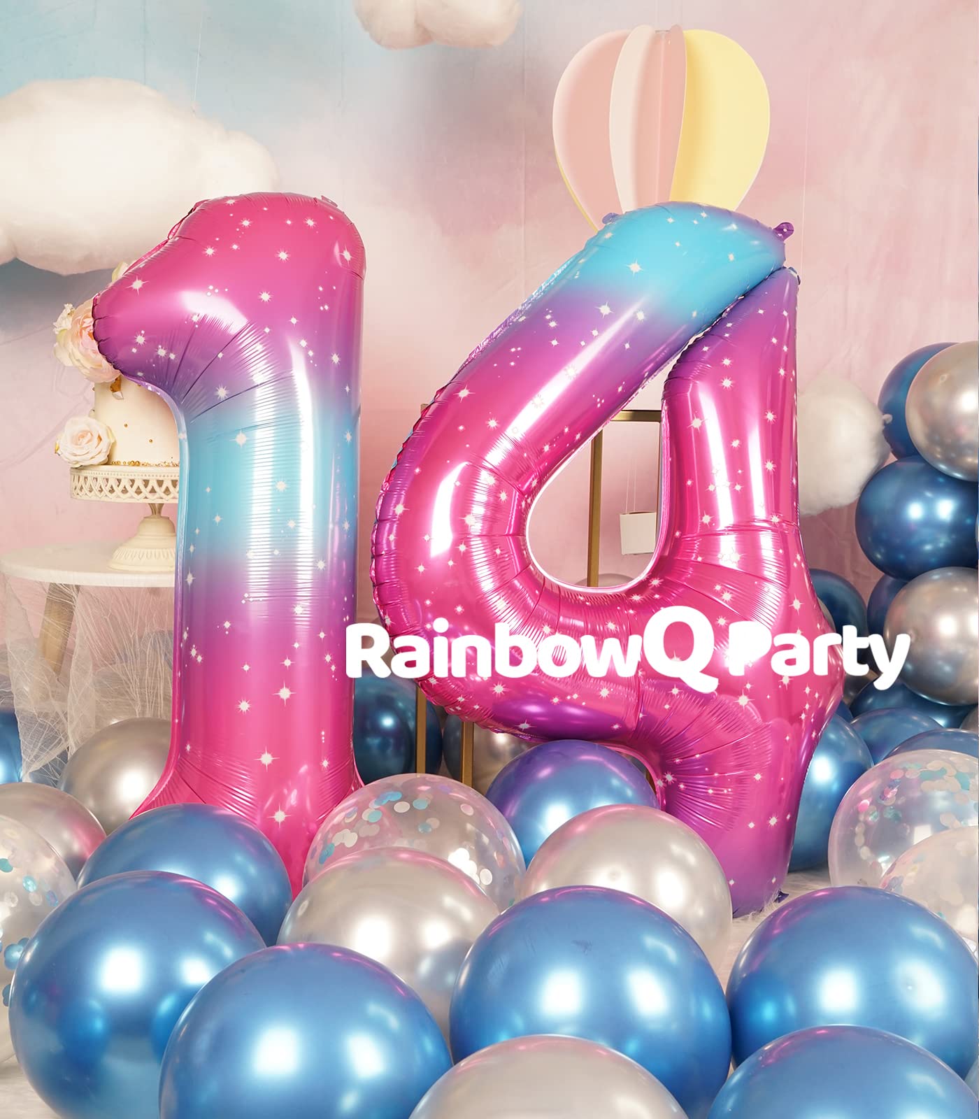 RainbowQ 14 Inch Number Balloons - Large Foil Mylar 0-9 in Pink Blue for Birthday Party Decorations