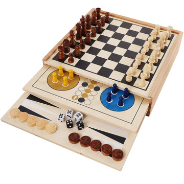 Juegoal 7-In-1 Wooden Board Game Set For Kids Adults, Tabletop Combo Classic Travel Portable Board Games (Chess, Checkers, Chinese Checkers, Backgammon, Parcheesi, Snakes And Ladders, Tic Tac Toe)