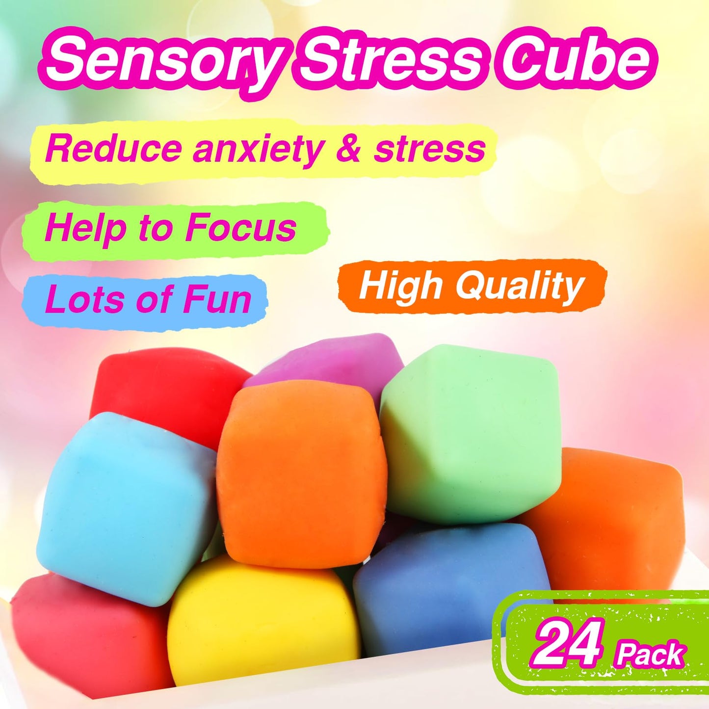24 Pack Slow Rising Stress Cube , Dough Stress Balls Soft Fidget Squishy Toys for Anxiety Relief, Pull Stretch Classroom Prize P