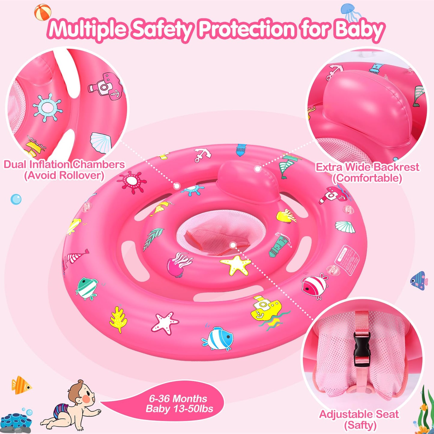 Baby Pool Float with Canopy, Inflatable Baby Swim Float with UPF50+ Sun Protection, Toddler Infant Pool Float with Toy Play Cons