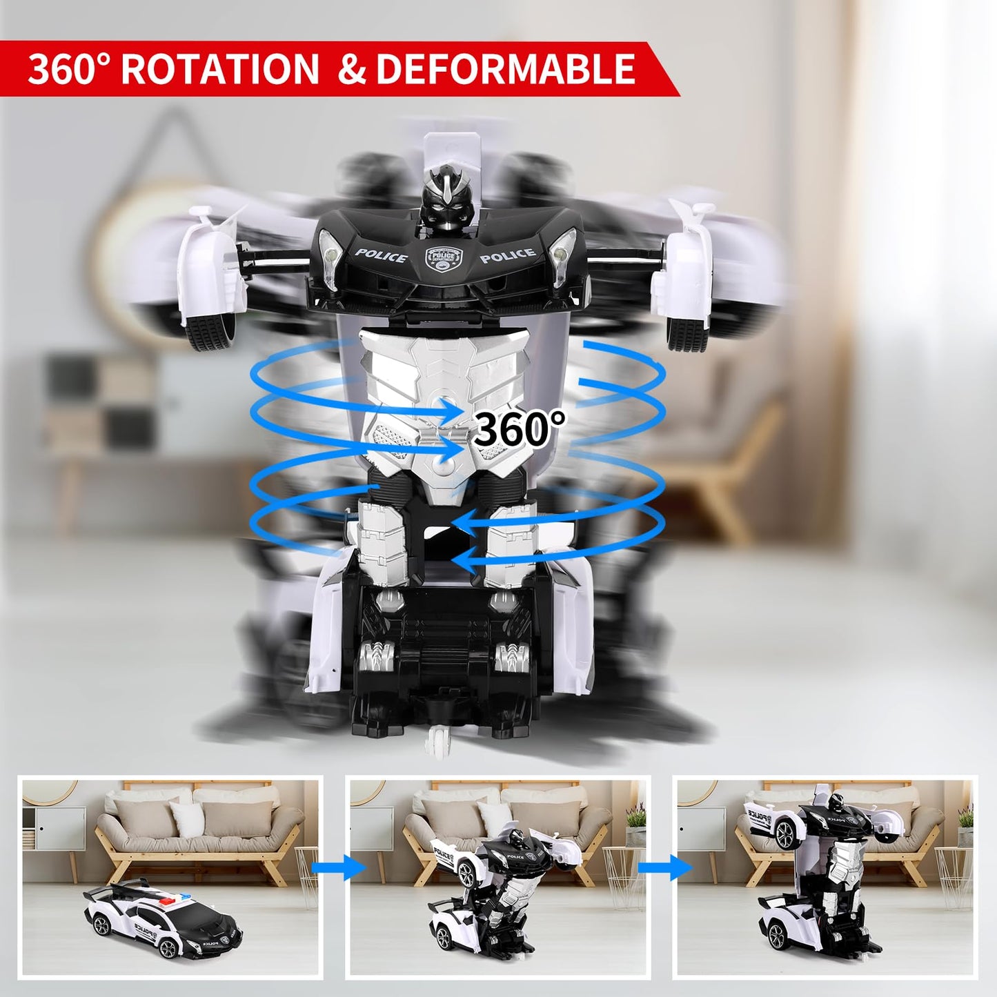 Blackma Remote Control Car - Transform, One-Button Deformation & 360Rotating Drifting, Transform Robot RC Car with LED Light, To