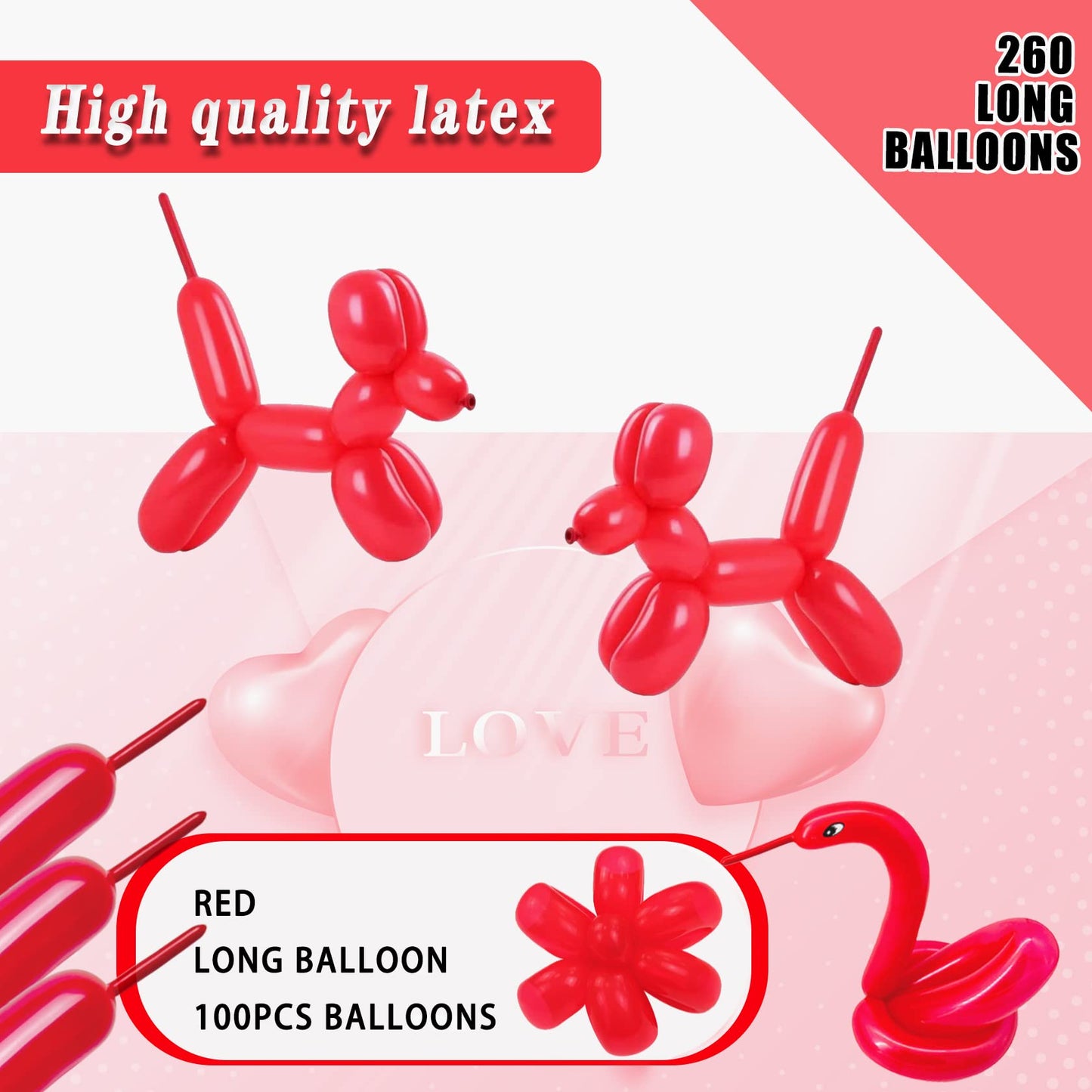 260 Long Balloons 100 Pack Red Twisting Animal Balloons Thickening Latex Modeling Long Magic Balloons For Animal Model Weddings