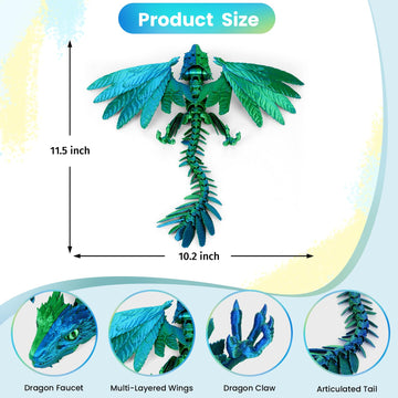 Shuwnd 3D Printed Dragon With Wings, Feathered Wyvern Dragon,Full Articulated Crystal Flying Dragon,Realistic Large Pet Dragon, Flexible Shoulder Dragon Stuff 3D Printed Animals Toy (Blue Green)