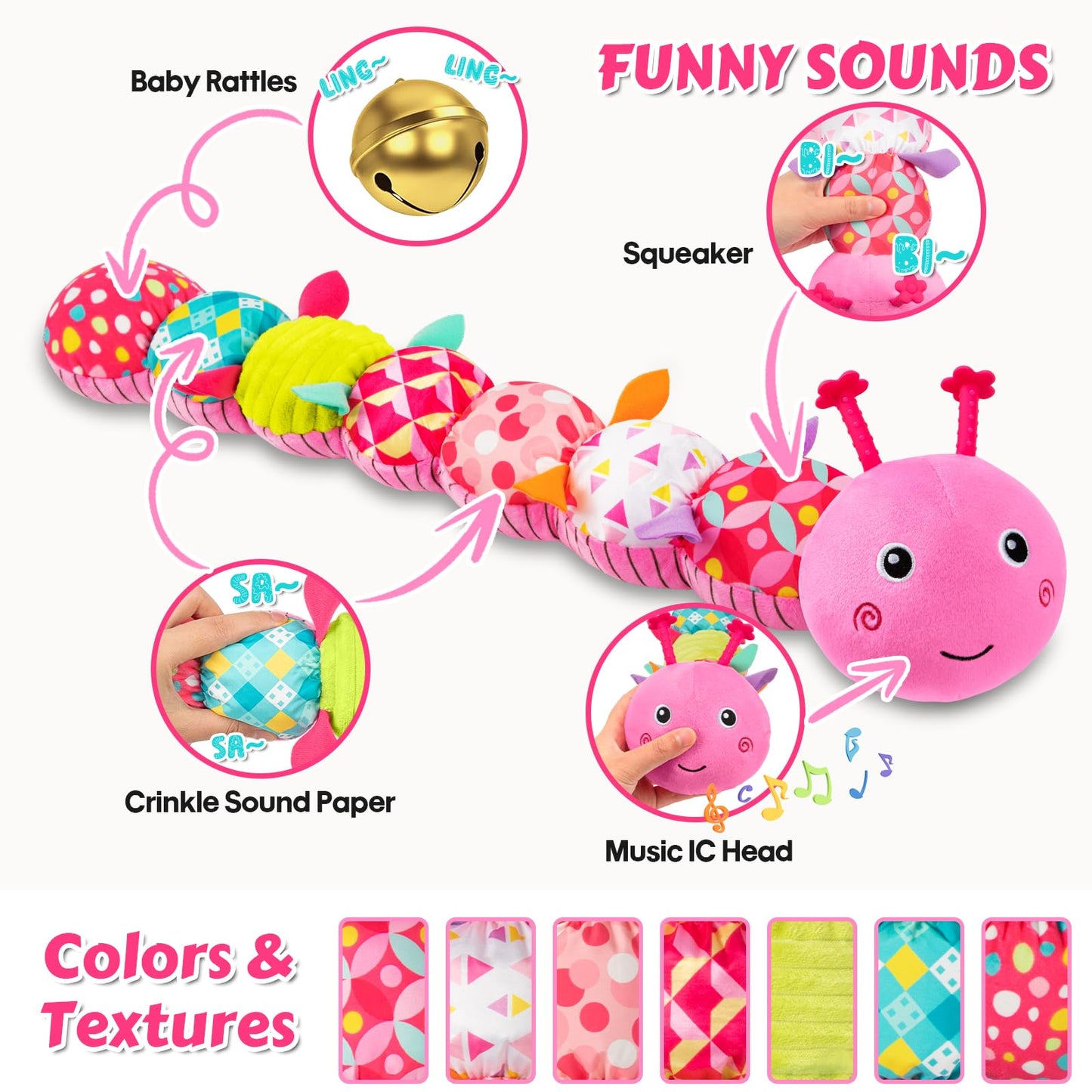 Baby Toys Musical Caterpillar  Infant Stuffed Animal for 0-6 6-12 Months with Crinkle and Rattles  Tummy Time Sensory Toys Newborn Boys Girls Gifts 0 3 6 9 12 Months - Pink