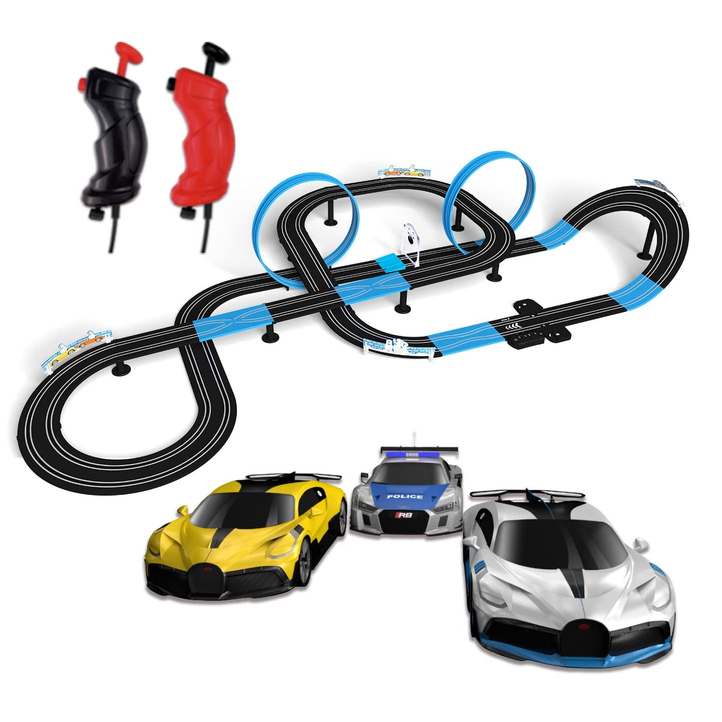 Agm Mastech High Speed Series Dual Track Set, 8.4M Electric Track With 4 Vehicles Official Licensed Slot Car Racing, Comes With 2 Hand Controls And Track Parts And A Lap Counter.