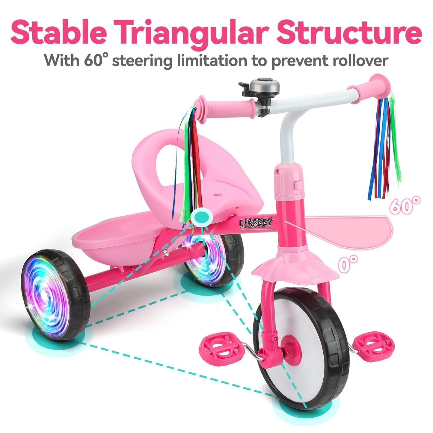 Liberry Toddler Tricycle with Light Up Wheels, Removable Pedal, Pink, 3 Wheel Bike for Ages 2-4, Ideal Indoor/Outdoor Riding Toy