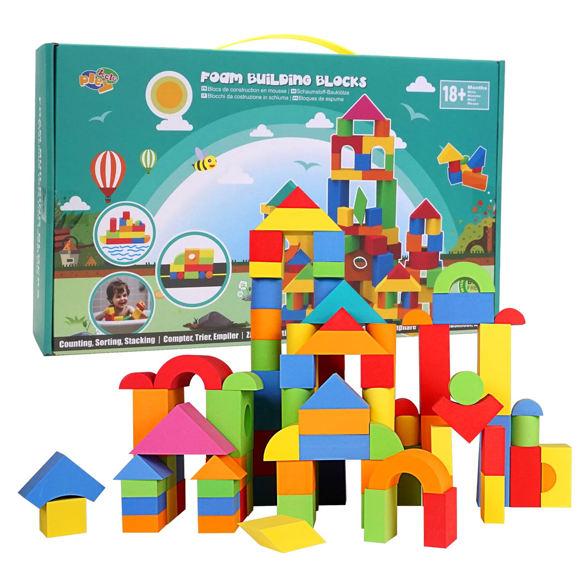 94PCS Foam Building Blocks for Toddlers 18M+, 7 Colors, MultiShape Set
