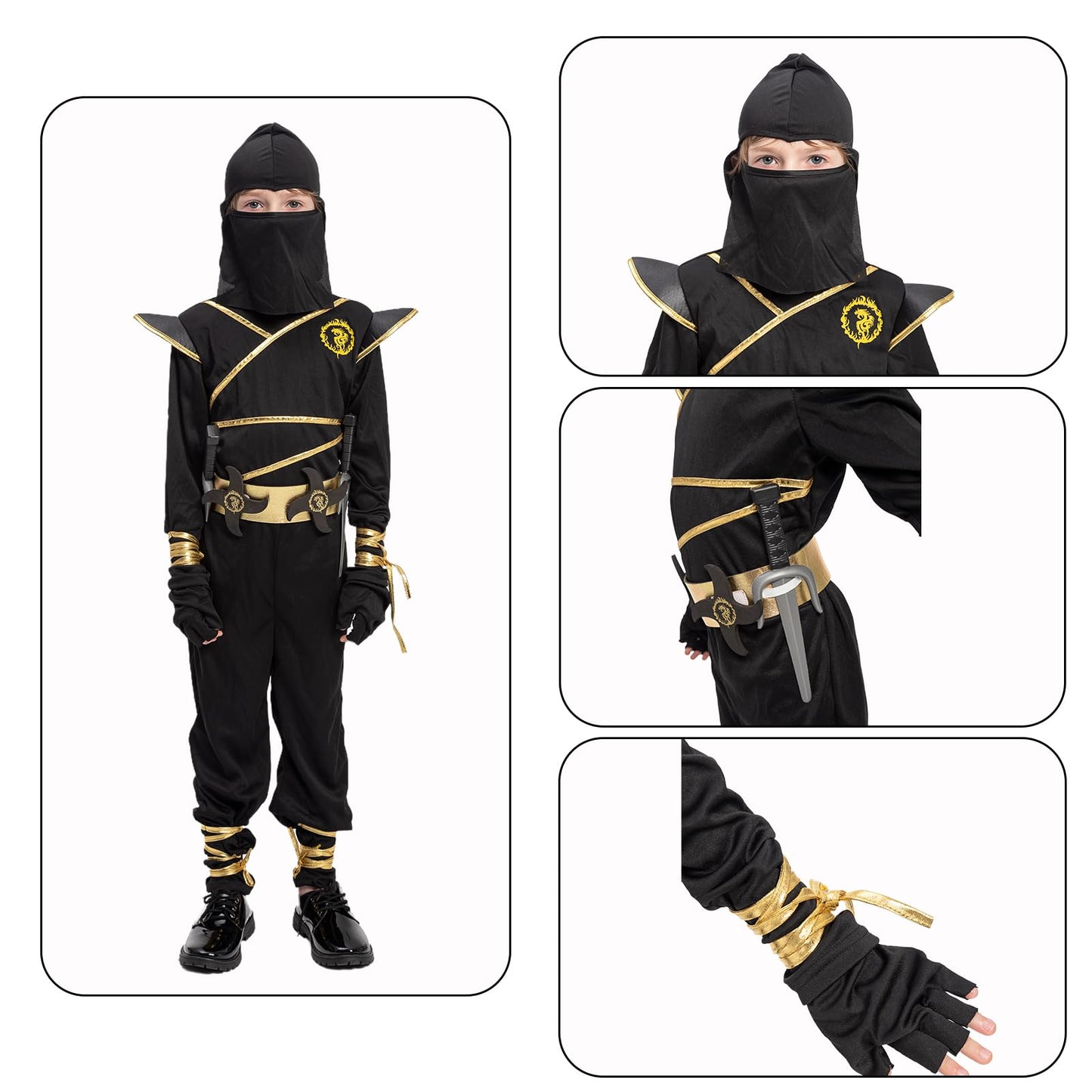 Ninja Costume For Kids With Accessories For Boys Toddler Halloween Costumes Dress Up Birthday Role Play Golden