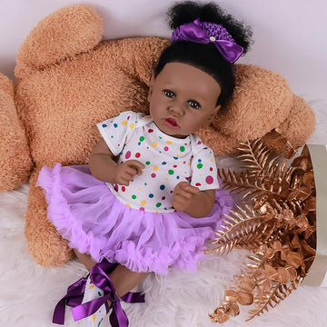 Kgniess Me Lifelike Reborn Baby Dolls Black Girl-22-Inch Realistic Silicone Reborn Baby Doll African American Reborn Toddler Real Life Newborn Baby Doll Gifts For Kids Age 3+