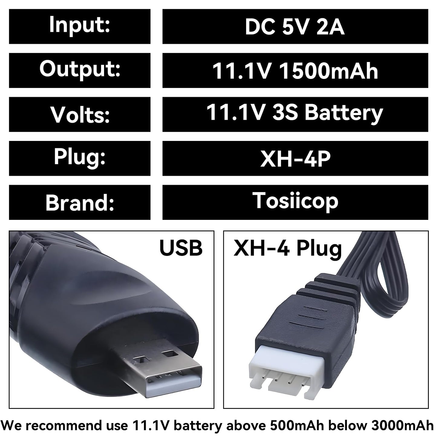 Tosiicop 11.1V Battery Charger Airsoft - 2A 1500mAh USB Chargers with XH-4P Plug Gel Blaster 3S Lipo Battery 11.1 Volt Li-ion Ba