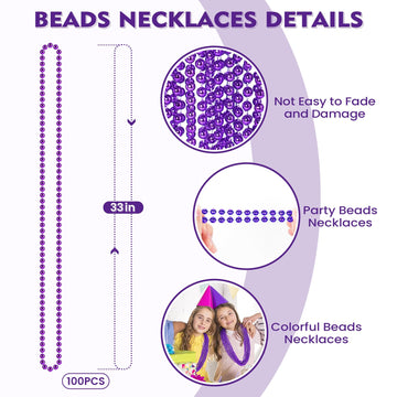 SHAOQINLIN 100 PCS Purple Mardi Gras Beads, Purple Beads Necklaces 33'' Metallic Beaded Costume Necklaces Party Necklaces for Ha