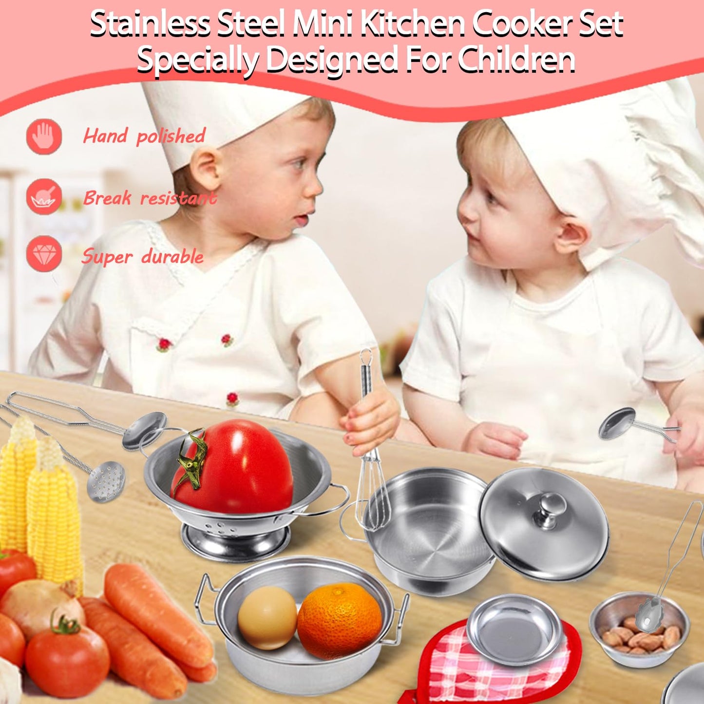 Tiny Size Cooking Pretend Play Kitchen Cooking Toys with Stainless Steel Cookware Play Pots and Pans Set