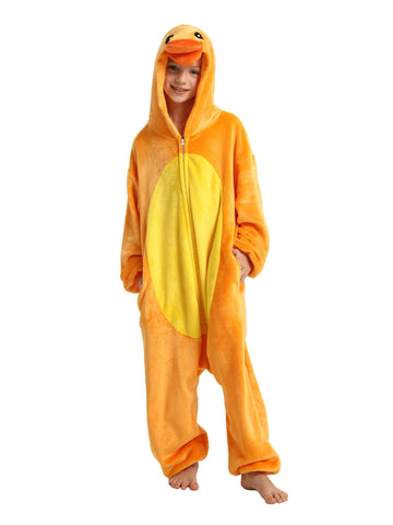 LONULAIN Unisex Kids Animal Oneise Pajamas, Boys Girls Flannel Hooded Halloween Cosplay Costume/Homewear/Sleepwear (Duck,9-10 Ye