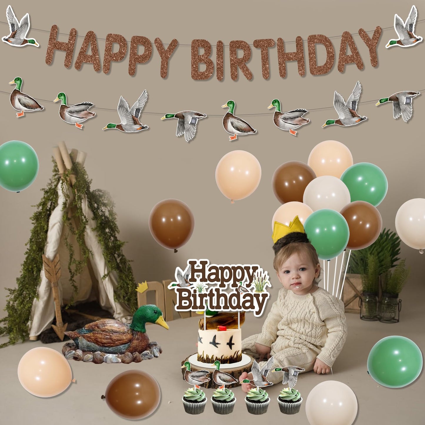 Fangleland Mallard Duck Birthday Party Decorations for Boy, Duck Theme Party Supplies with Happy Birthday Banner, Duck Cake Topp