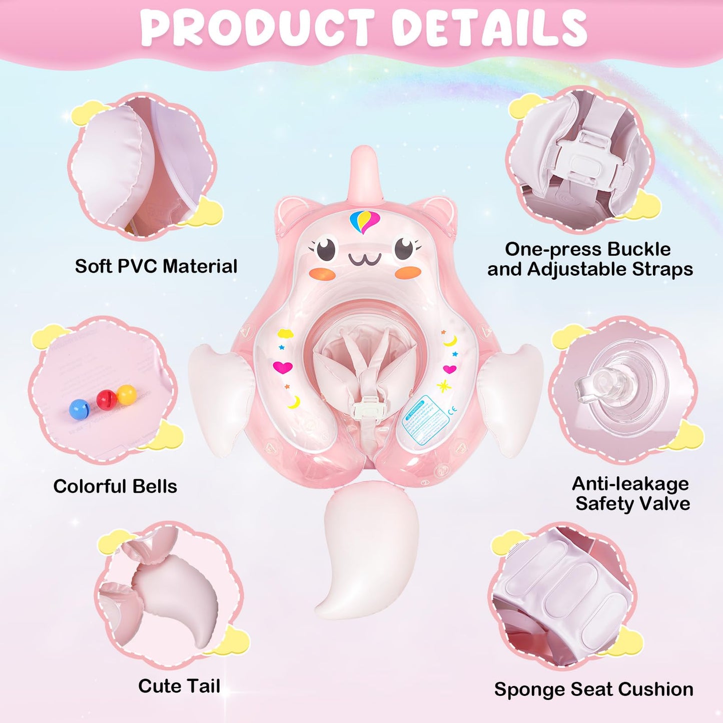 Baby Swimming Float, Aivatoba Inflatable Infant Swim Float, Inflatable Baby Pool Float With Upf 50+ Sun-Protective Canopy, Add Tail No Flip, Hand Pump For Toddlers Age 12-36 Months