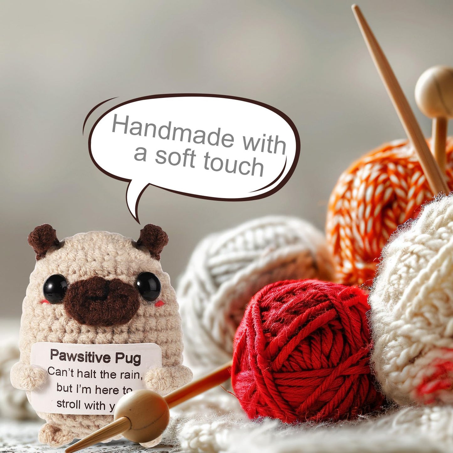 TOYMIS Positive Crochet Pug  Mini Positive Animals Cute Knitted Dog Toys Good Luck Gifts Support Knitted Present Knitted Positive Doll Holding Support Card for Emotional Encouragement Decoration Party