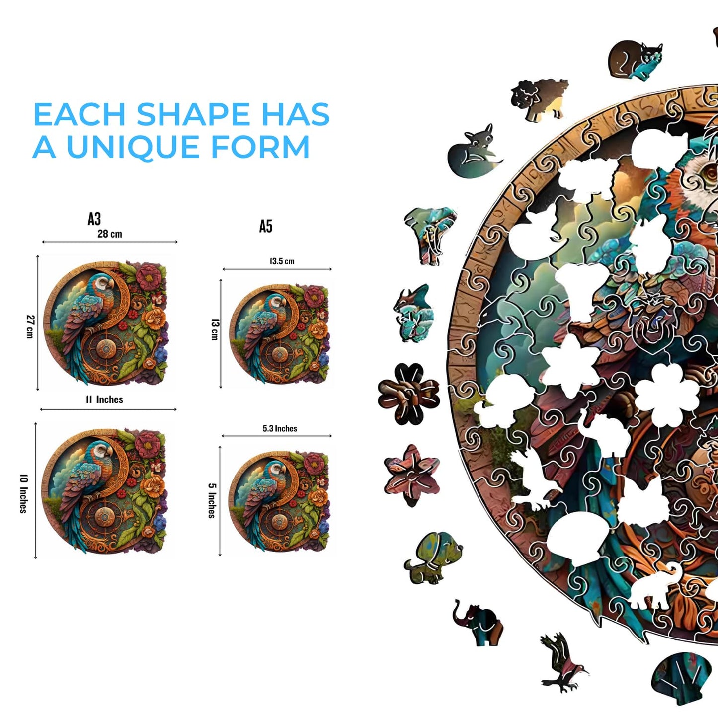 CRAFTHUB Wooden Jigsaw Puzzles - Parrot Yin Yang - Wooden Puzzles for mature-themeds & Kids - Animal Shaped  Family Games  Gift Ideas for Women and Men  134 Piece  A3 Size  10x10.1