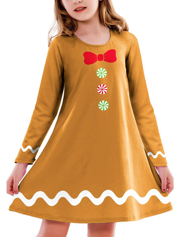 Gingerbread Brown Dress Girl Christmas Long Sleeve Tshirt Dresses Ugly Xmas Midi Flare Dresses 9-10 Years