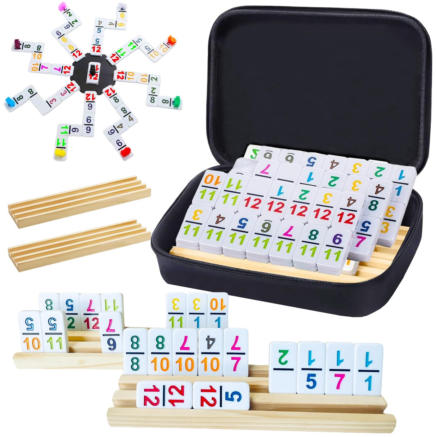 Soopotay 2-6 Players Mexican Train Dominoes Set With Numbers, 6 Wooden Racks, 91 Tiles, Portable Case, Dominos Set For Adults, B