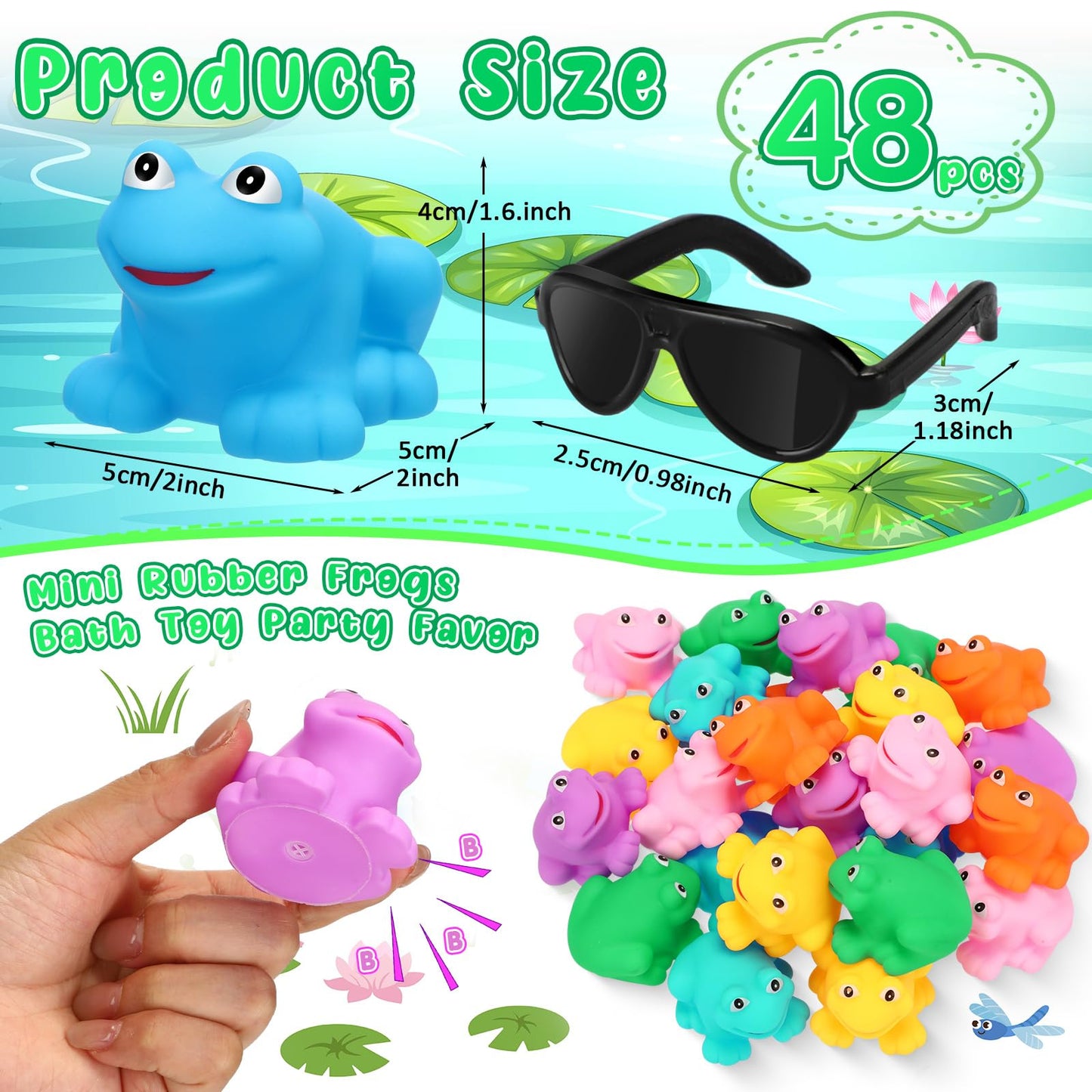 Halloscume 48 Pack Rubber Frogs Bulk Squeak And Floating Rubber Bath Toy Mini Floating Frogs With Sunglasses For Baby Shower Bir