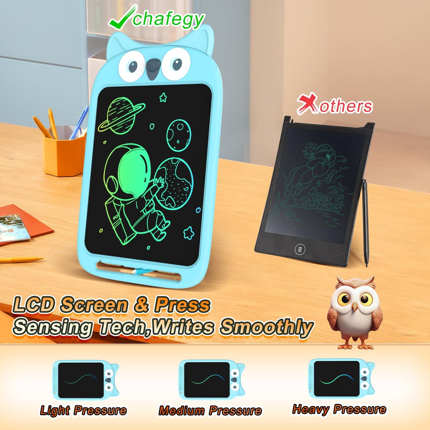 CHAFEGY 10 Inch LCD Writing Tablet for Kids Toddler Toys, Electronic Doodle Board Drawing Pad, Lion Owl Fox Rabbit Design, Chris