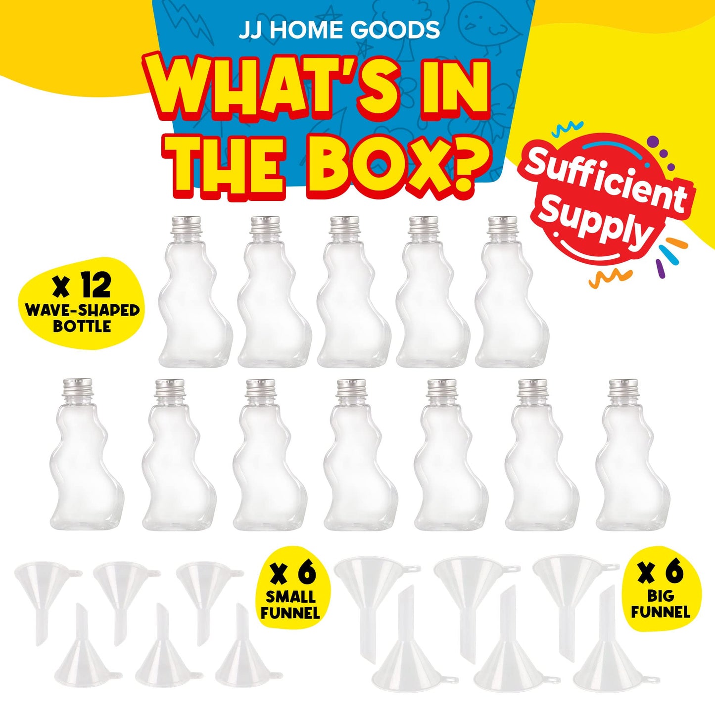 JJ CARE Sand Art Bottles [12 Wave-Shaped Sand Bottles + 6 Small & 6 Large Funnels] Plastic Sand Art Containers for Kids, Sand Ar